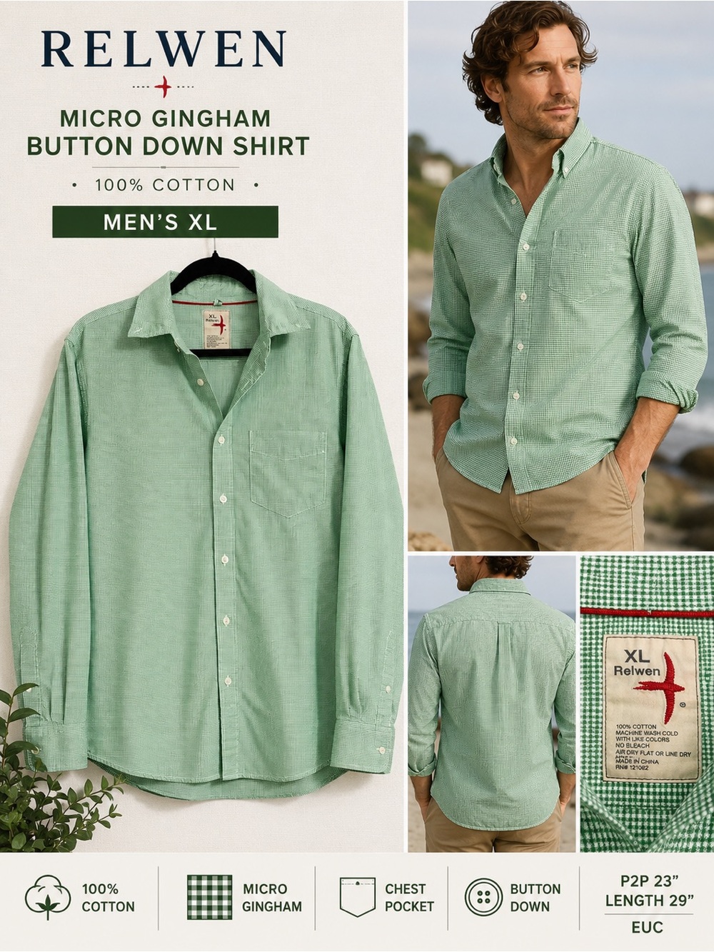Relwen Men’s XL Green Micro Gingham 100% Cotton Button Down Shirt Preppy